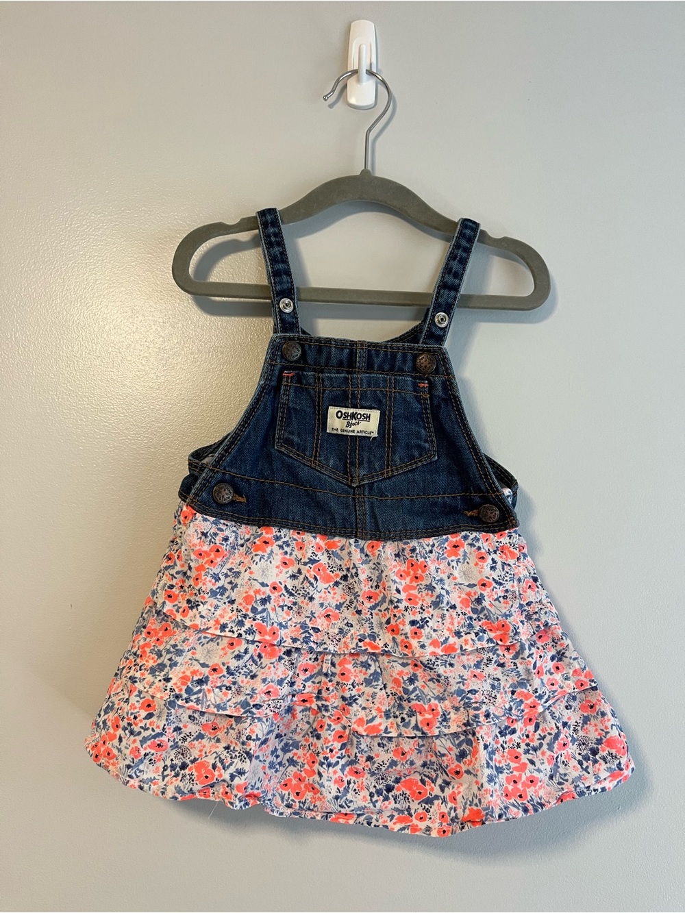 OshKosh B'gosh Dark Blue Denim Bib Dress with Pink & Blue Floral Skirt